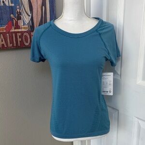 Athleta Teal Striped Short Sleeve Tee
